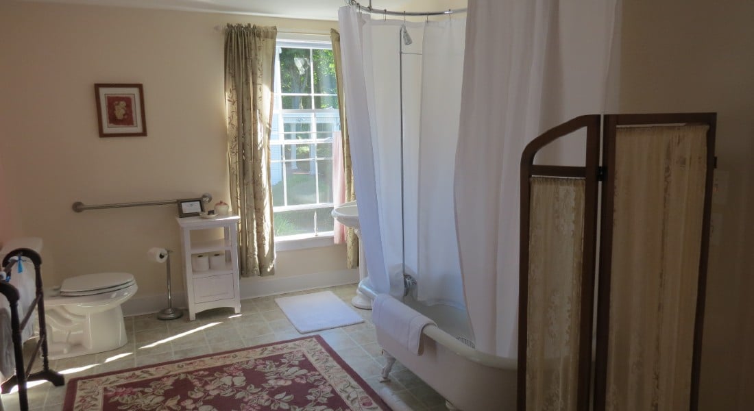 Large Bathroom with clawfoot tub and sunny window.